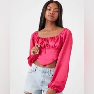 Forever 21 Hot Pink Satin Cropped Tie Front Long Sleeve Shirt Blouse Size Large